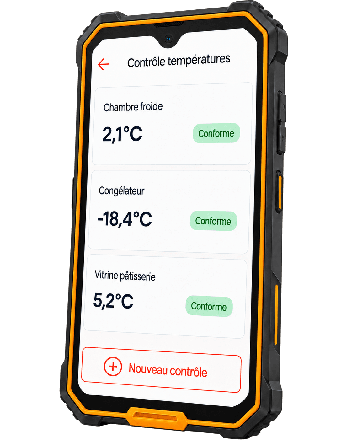 Suivi des températures HACCP sur un téléphone renforcé noir et orange