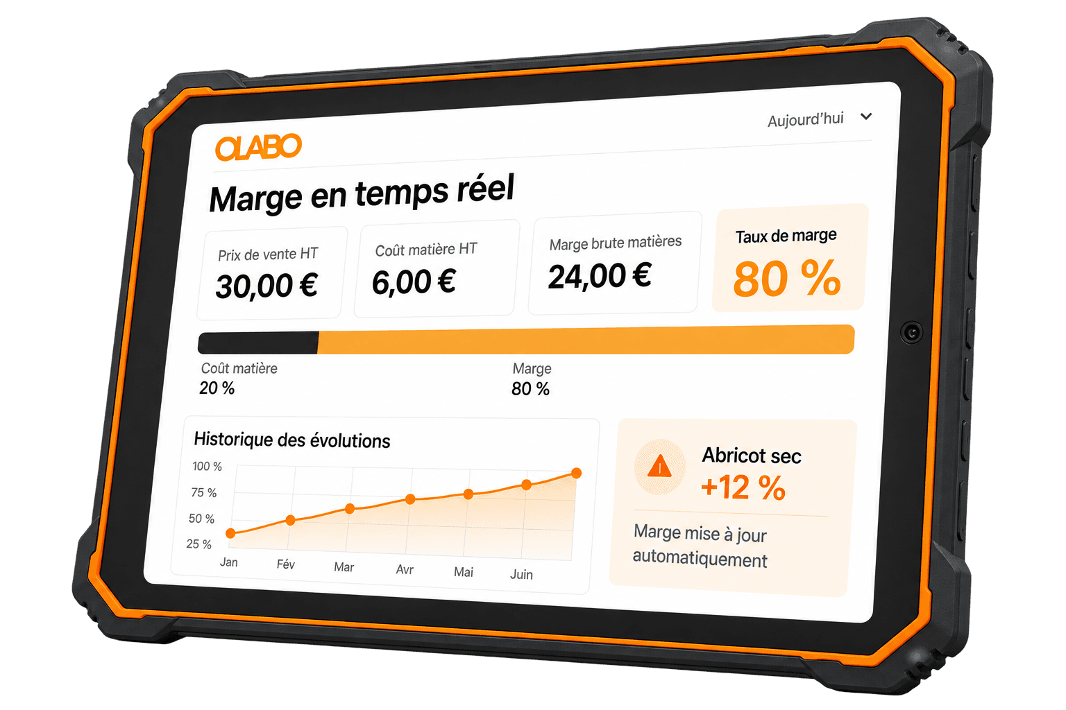 Suivi de la marge en temps réel dans Olabo sur une tablette renforcée horizontale noire et orange