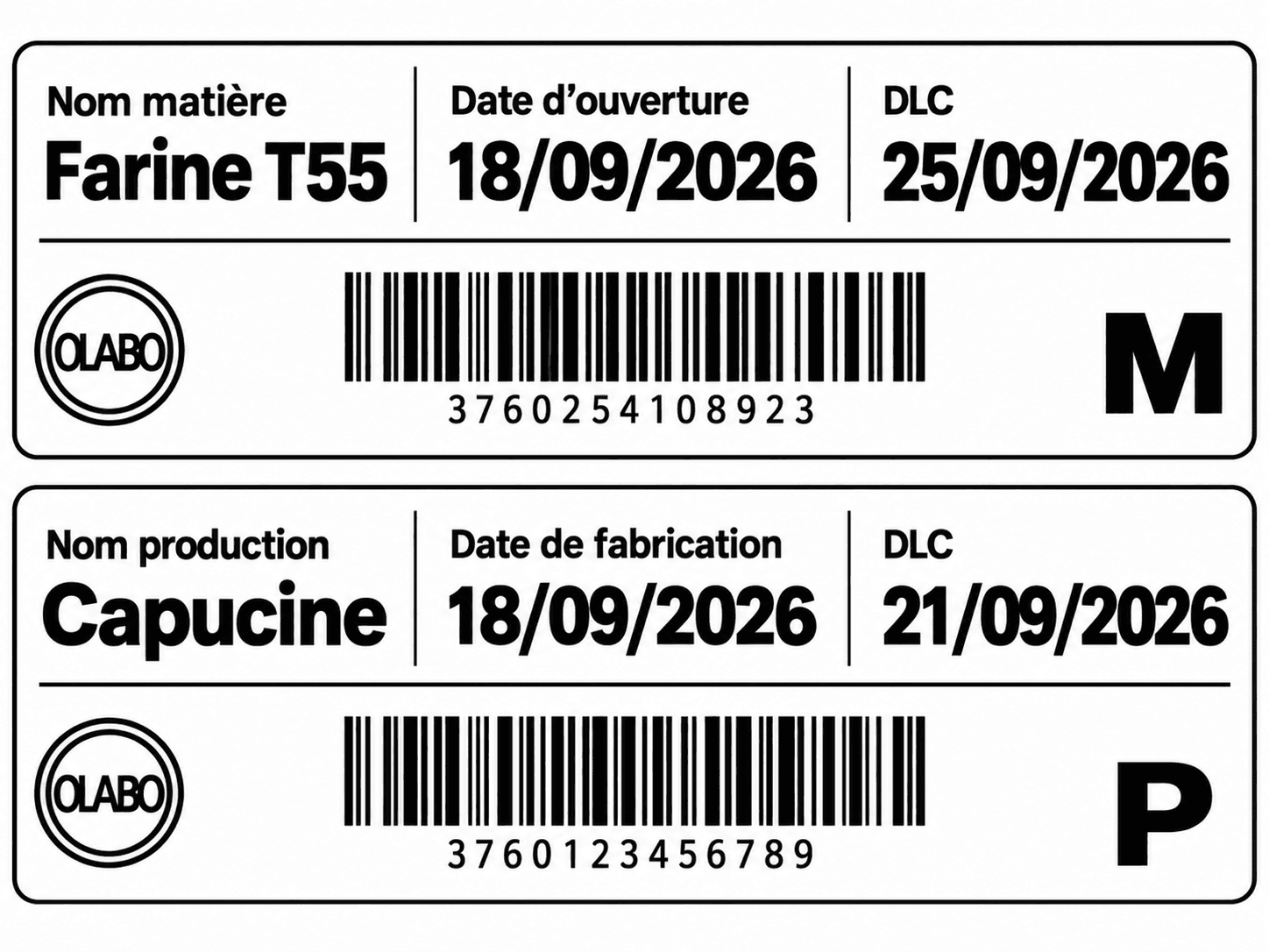 Exemples d’étiquettes Olabo : matière Farine T55 avec date d’ouverture et DLC, et production Capucine avec date de fabrication et DLC. Chaque étiquette comporte le logo LAB en noir et blanc et un code-barres.