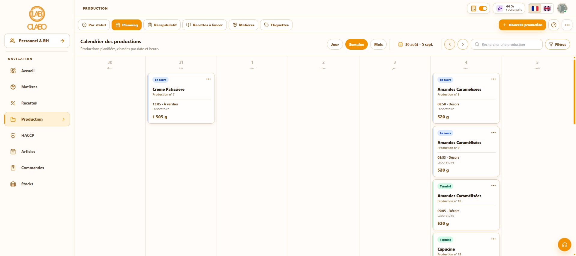 Planning hebdomadaire des fabrications dans Olabo